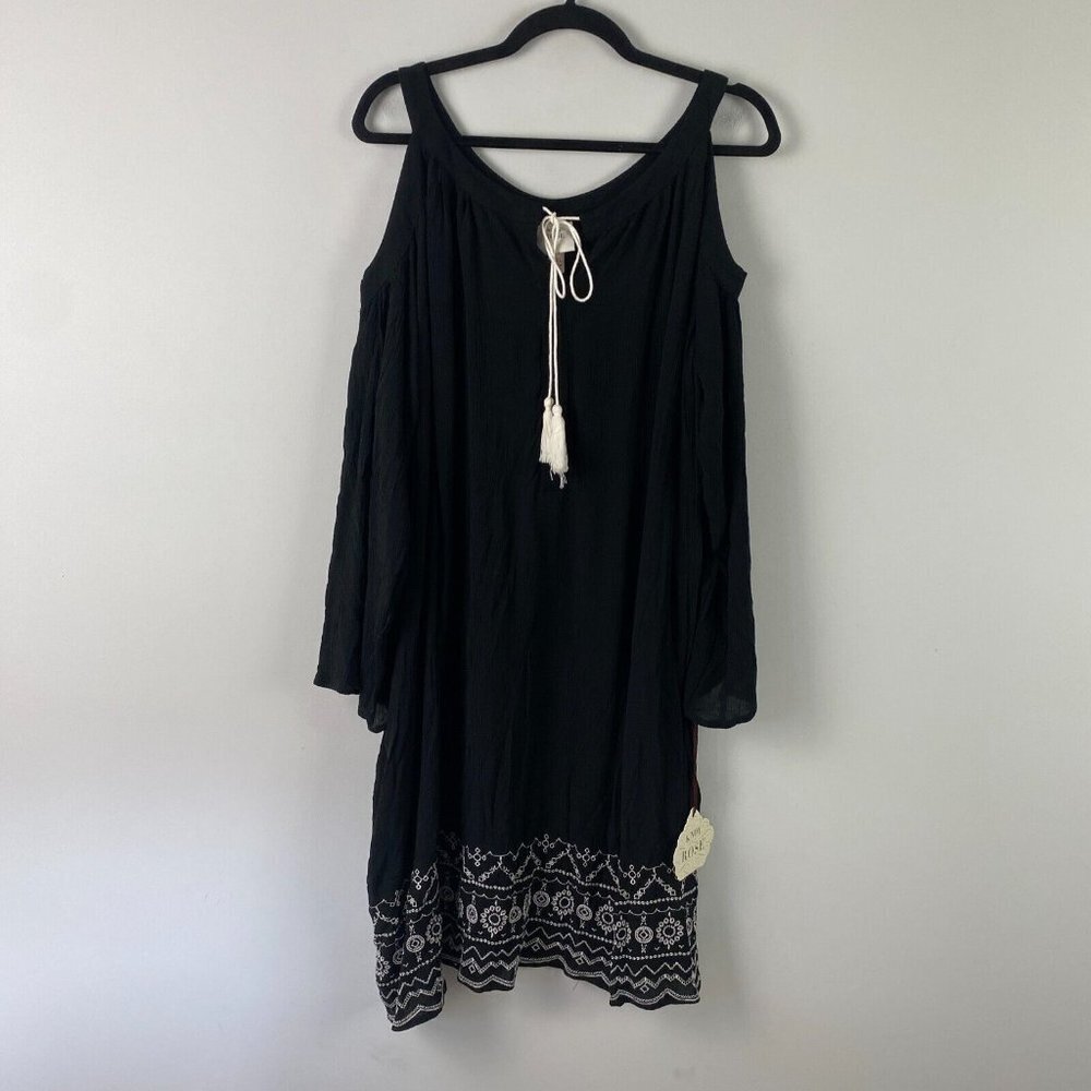 Knox Rose Black Cold Shoulder Embroidered Dress Size XXL Black Tasel Pockets